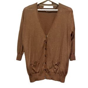 Zara Knit Women's L 100% Cotton Brown Cozy Button Up Cardigan Sweater